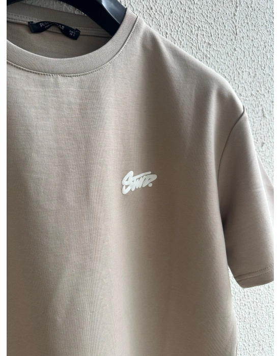 Bej Kabartma Baskılı Marka Premium Yüksek Kalite Oversize T-Shirt