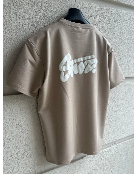 Bej Kabartma Baskılı Marka Premium Yüksek Kalite Oversize T-Shirt