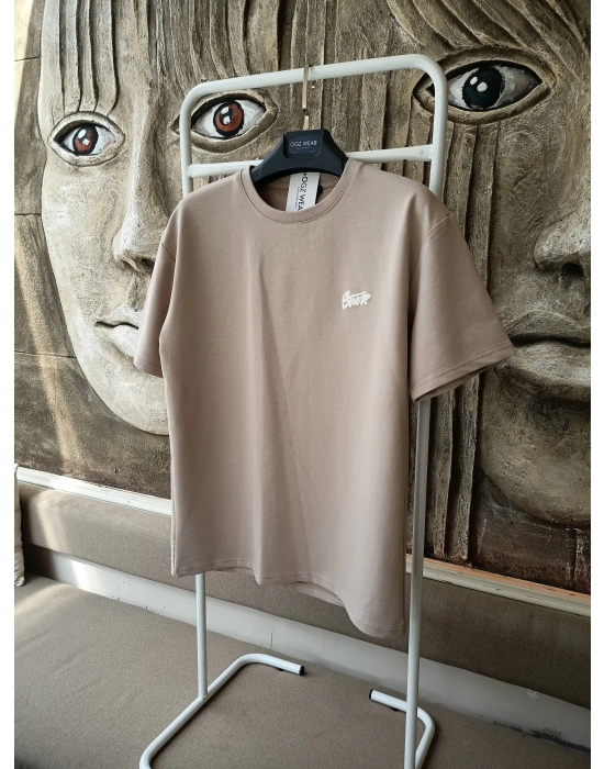 Bej Kabartma Baskılı Marka Premium Yüksek Kalite Oversize T-Shirt