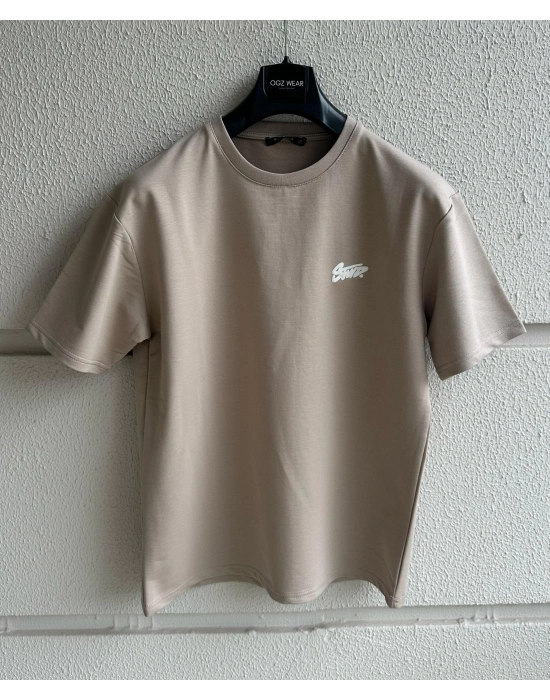 Bej Kabartma Baskılı Marka Premium Yüksek Kalite Oversize T-Shirt