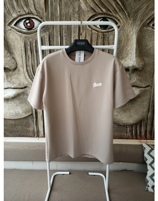Bej Kabartma Baskılı Marka Premium Yüksek Kalite Oversize T-Shirt