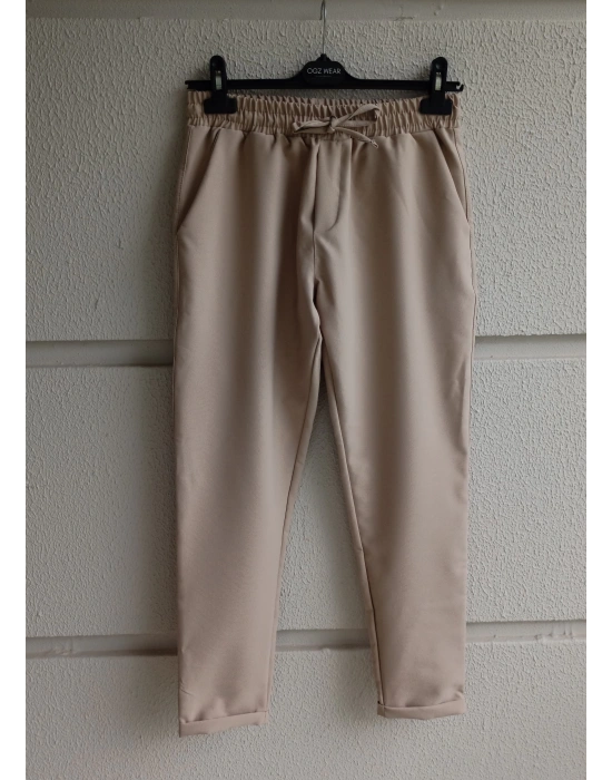 Bej Premium Double Kumaş Likralı Esnek Duble Paça Jogger Pantolon