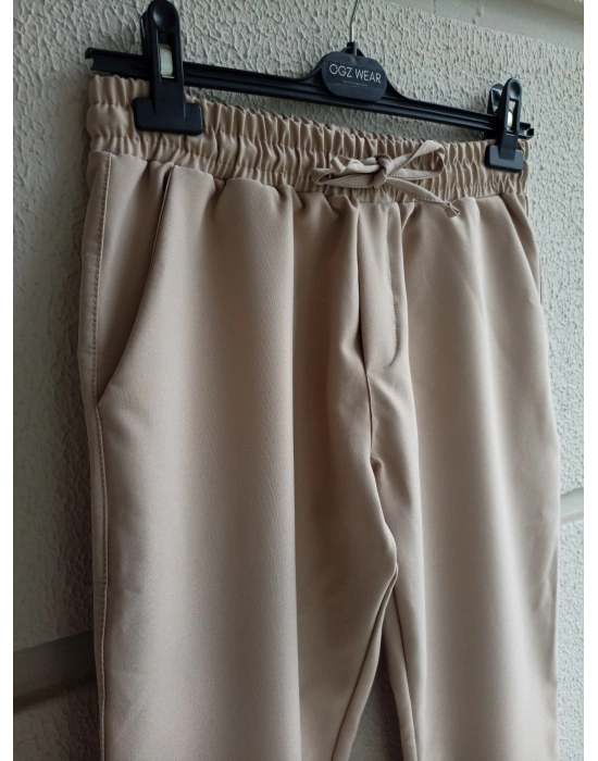 Bej Premium Double Kumaş Likralı Esnek Duble Paça Jogger Pantolon