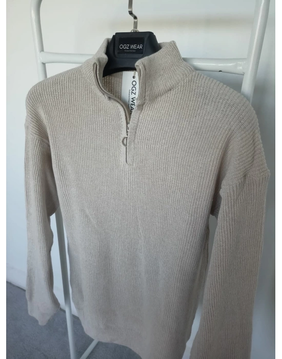 Bej Selanik Örgü Yarım Femuar Detaylı Uzun Kollu Triko