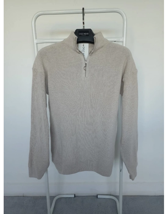 Bej Selanik Örgü Yarım Femuar Detaylı Uzun Kollu Triko