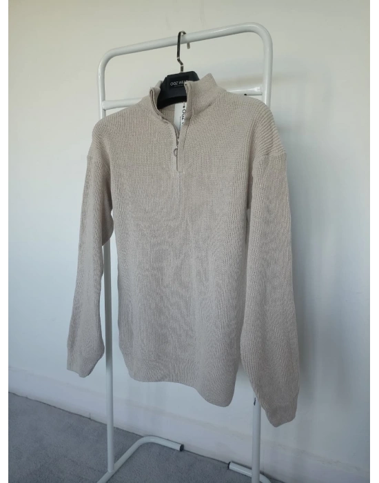 Bej Selanik Örgü Yarım Femuar Detaylı Uzun Kollu Triko