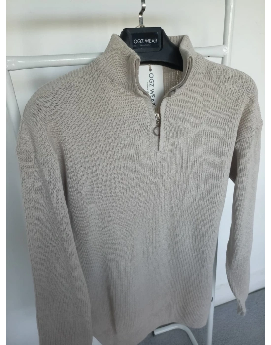 Bej Selanik Örgü Yarım Femuar Detaylı Uzun Kollu Triko