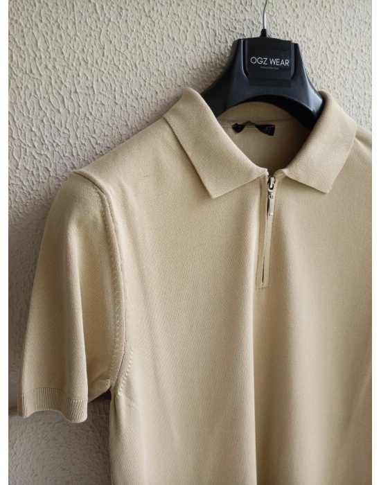 Bej Yaka Detaylı Basic Premium Kumaş Triko T-Shirt