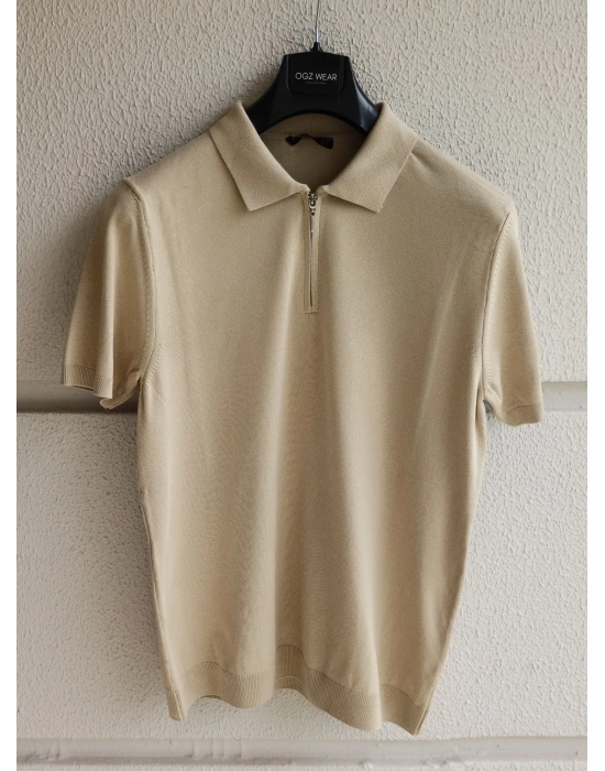 Bej Yaka Detaylı Basic Premium Kumaş Triko T-Shirt