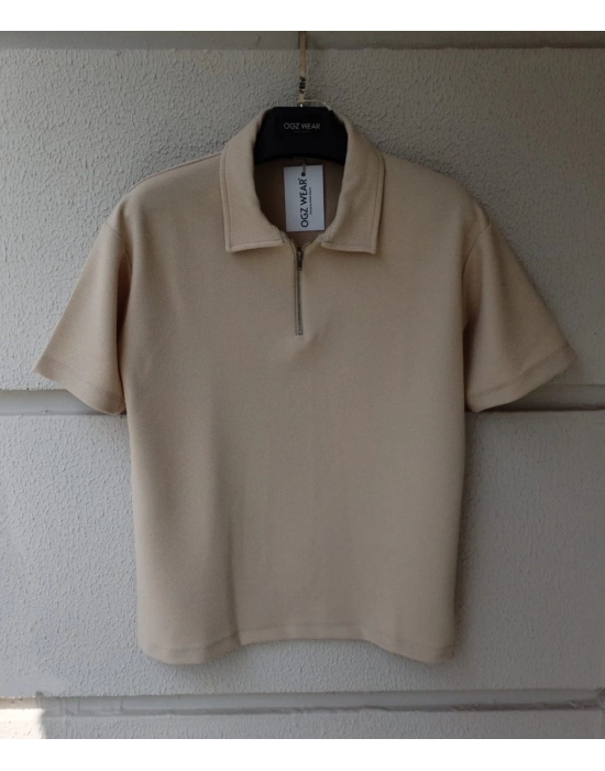 Bej Yarım Pat Fermuarlı Premium Petek Kumaş T-Shirt