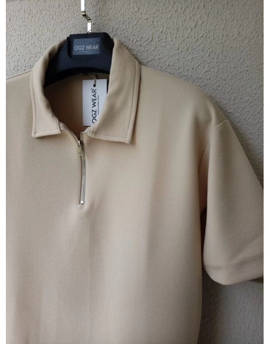 Bej Yarım Pat Fermuarlı Premium Petek Kumaş T-Shirt