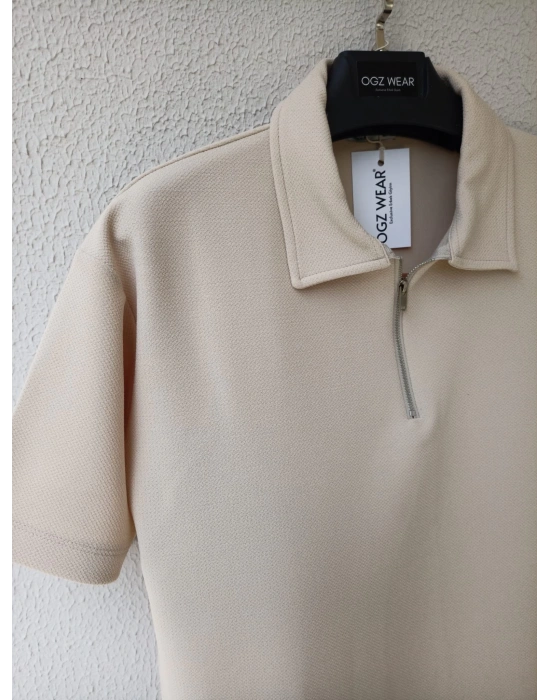Bej Yarım Pat Fermuarlı Premium Petek Kumaş T-Shirt