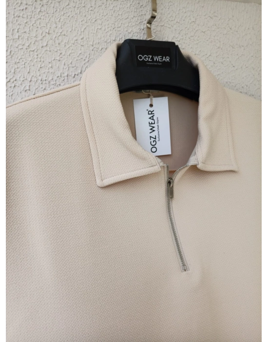 Bej Yarım Pat Fermuarlı Premium Petek Kumaş T-Shirt