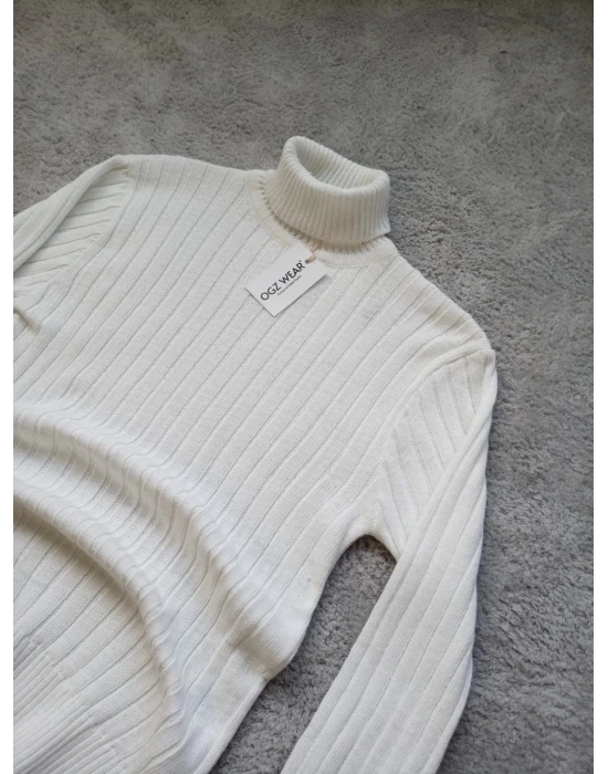 Beyaz Balıkçı Yaka Premium Pamuklu Triko Kazak