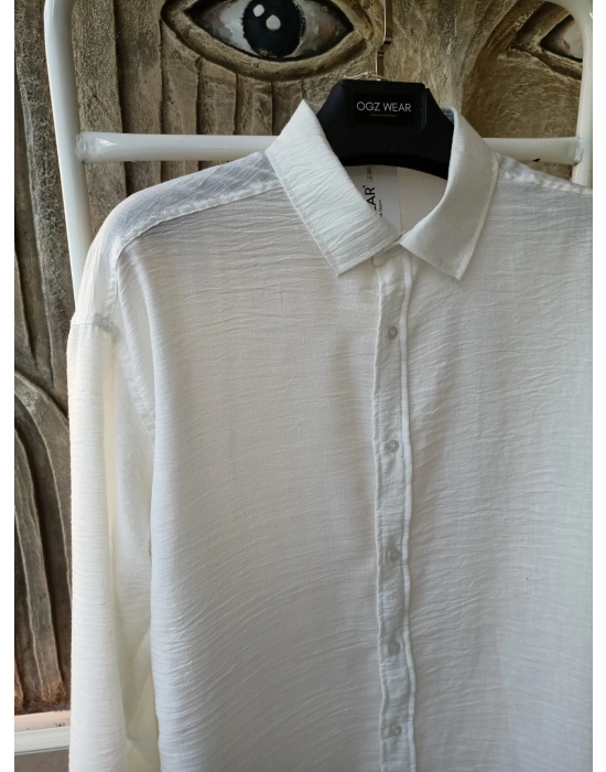 Beyaz Bambu Keten Premium Kumaş Oversize Kalıp Gömlek