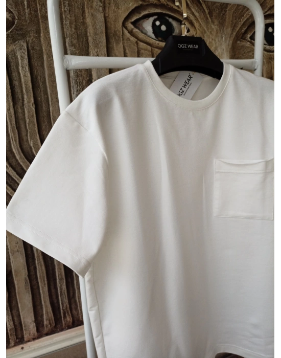 Beyaz Basic Cep Detaylı Premium Oversize T-Shirt