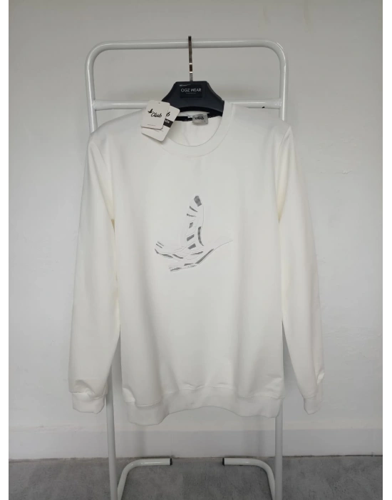 B.Club Beyaz Premium %100 Pamuklu Kumaş Uzun Kollu Sweat