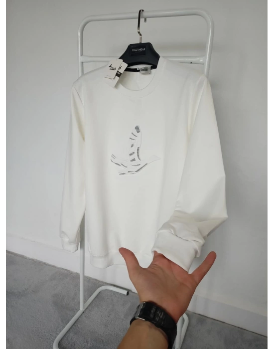 B.Club Beyaz Premium %100 Pamuklu Kumaş Uzun Kollu Sweat