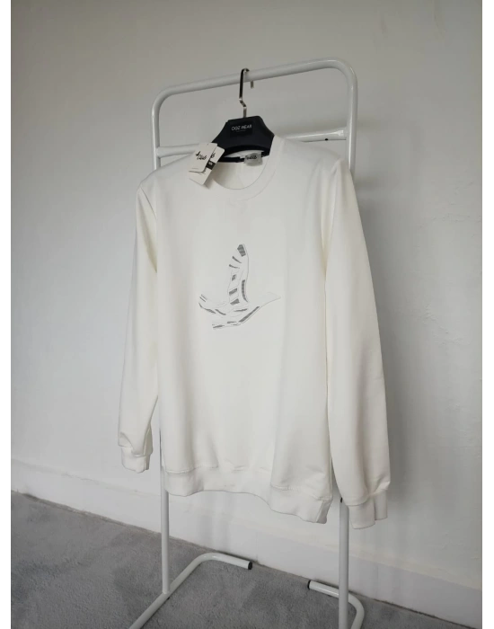 B.Club Beyaz Premium %100 Pamuklu Kumaş Uzun Kollu Sweat