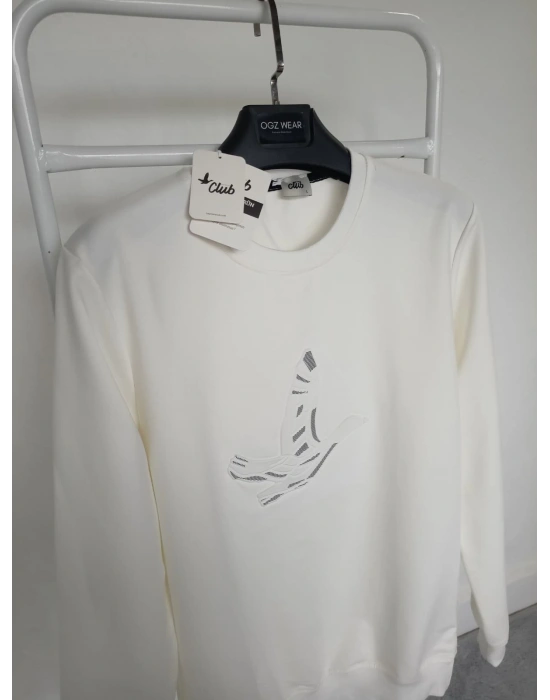 B.Club Beyaz Premium %100 Pamuklu Kumaş Uzun Kollu Sweat