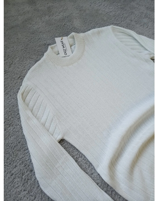 Beyaz Bisiklet Yaka Premium Pamuklu Triko Kazak