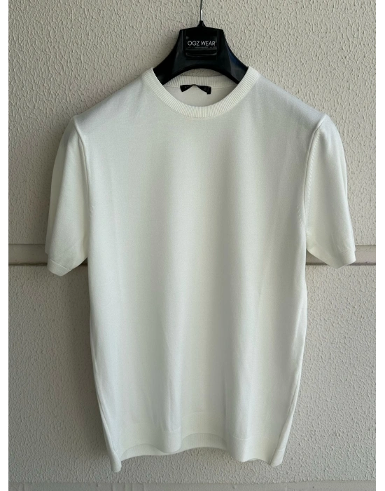 Beyaz Bisiklet Yaka Premium Kumaş Triko T-Shirt