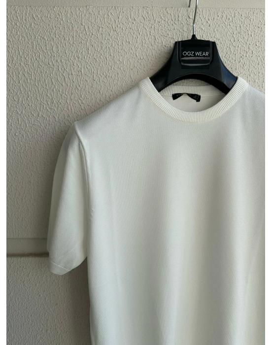 Beyaz Bisiklet Yaka Premium Kumaş Triko T-Shirt