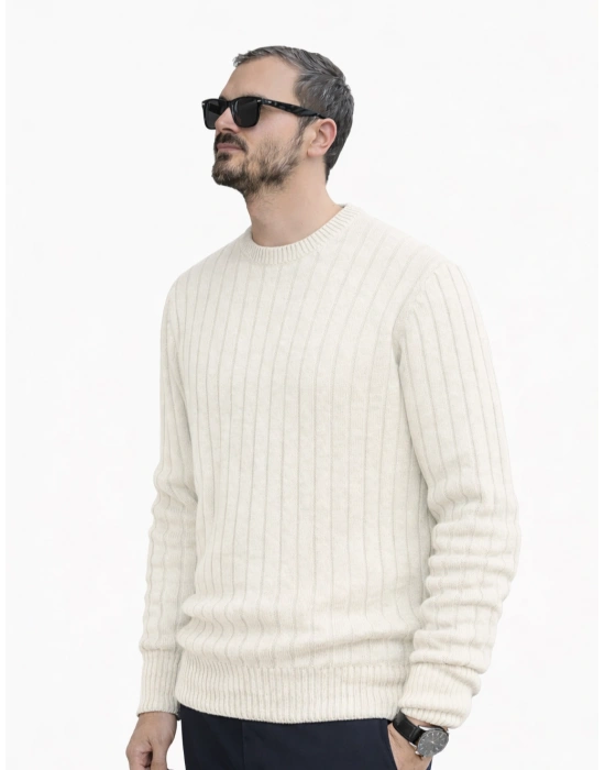 Beyaz Bisiklet Yaka Premium Pamuklu Triko Kazak