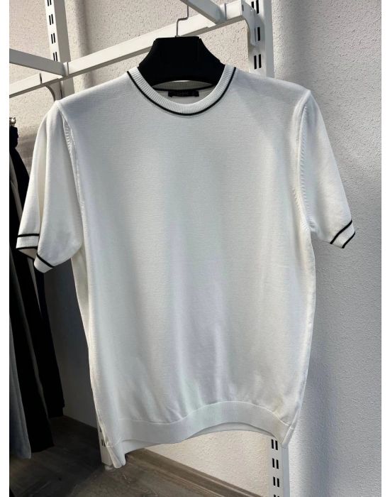 Beyaz Çizgi Detay Bisiklet Yaka Premium Kumaş Triko T-Shirt