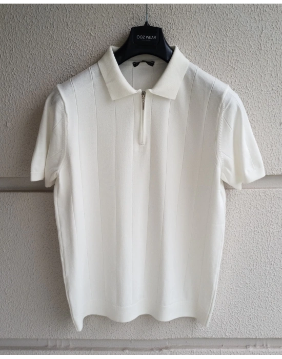 Beyaz Çizgi Detaylı Basic Premium Kumaş Triko T-Shirt