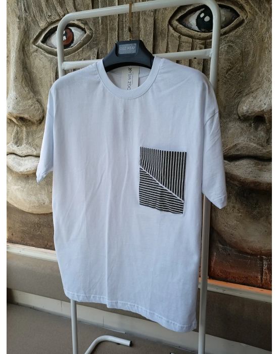 Beyaz Çizgili Cep Detaylı %100 Pamuk Erkek T-Shirt