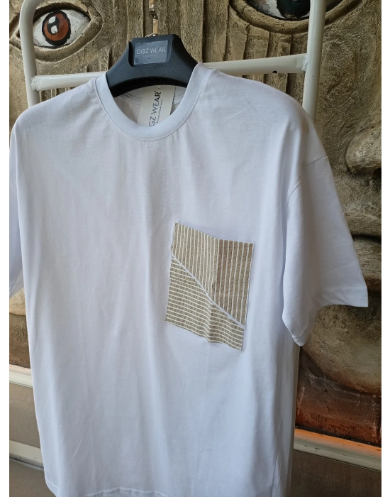Beyaz Çizgili Cep Detaylı %100 Pamuk Erkek T-Shirt
