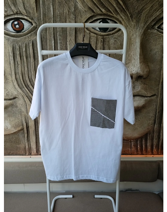 Beyaz Çizgili Cep Detaylı %100 Pamuk Erkek T-Shirt