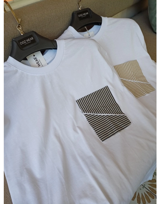 Beyaz Çizgili Cep Detaylı %100 Pamuk Erkek T-Shirt