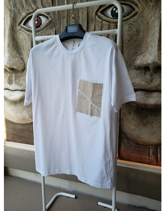 Beyaz Çizgili Cep Detaylı %100 Pamuk Erkek T-Shirt