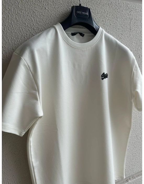Beyaz Kabartma Baskılı Marka Premium Yüksek Kalite Oversize T-Shirt