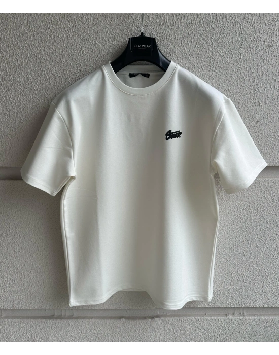 Beyaz Kabartma Baskılı Marka Premium Yüksek Kalite Oversize T-Shirt
