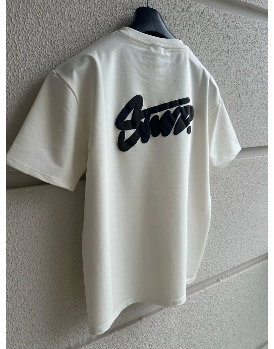 Beyaz Kabartma Baskılı Marka Premium Yüksek Kalite Oversize T-Shirt