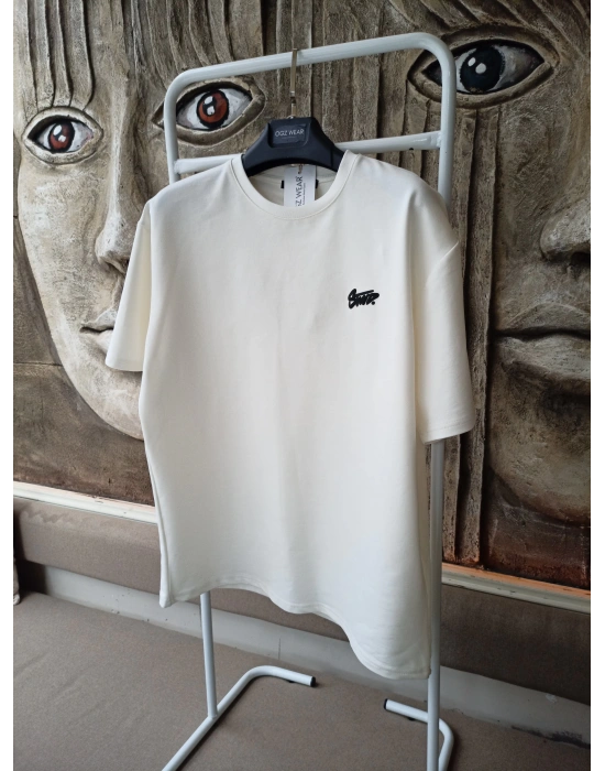 Beyaz Kabartma Baskılı Marka Premium Yüksek Kalite Oversize T-Shirt