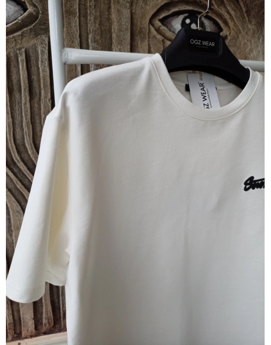 Beyaz Kabartma Baskılı Marka Premium Yüksek Kalite Oversize T-Shirt