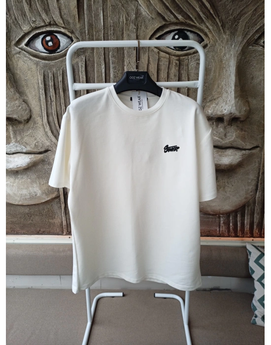 Beyaz Kabartma Baskılı Marka Premium Yüksek Kalite Oversize T-Shirt