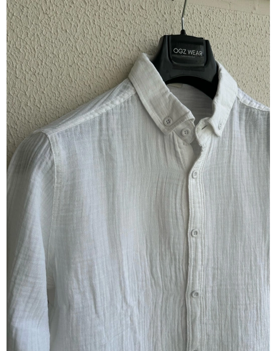 Beyaz Müslin Keten Premium Kumaş Gömlek