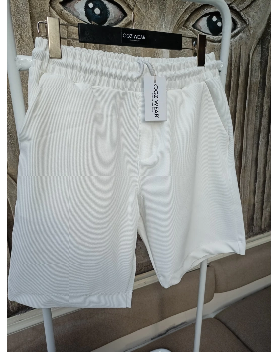 Beyaz Premium Diagonal Kumaş Cepli Beli Lastikli Erkek Şort