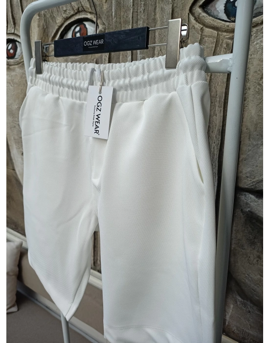 Beyaz Premium Diagonal Kumaş Cepli Beli Lastikli Erkek Şort