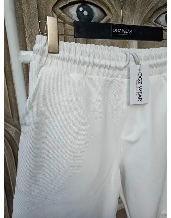 Beyaz Premium Diagonal Kumaş Cepli Beli Lastikli Erkek Şort