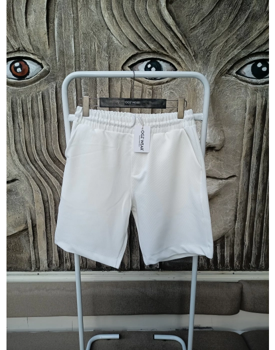 Beyaz Premium Diagonal Kumaş Cepli Beli Lastikli Erkek Şort