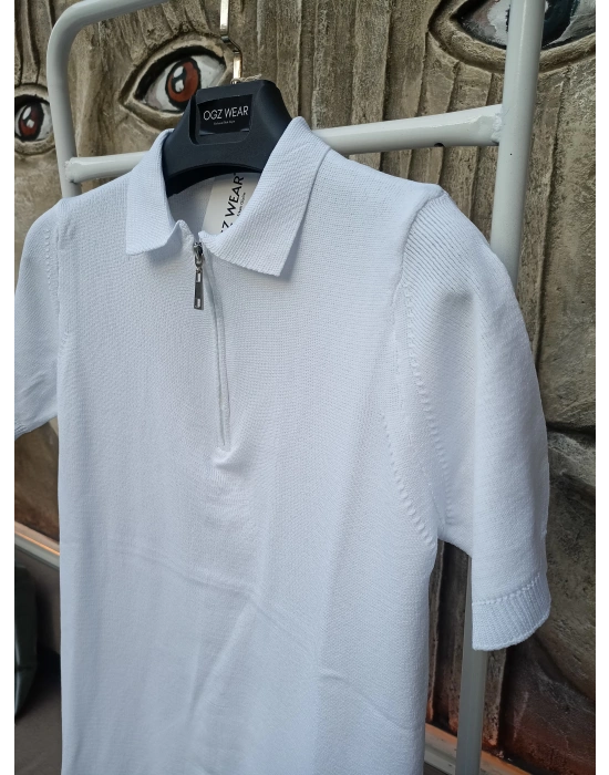Beyaz Premium Pamuklu Femuarlı Polo Yaka Örme Triko Tişört
