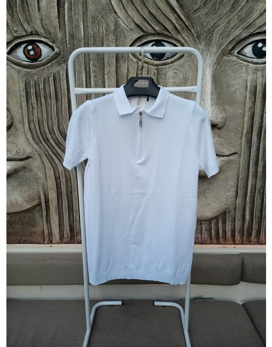 Beyaz Premium Pamuklu Femuarlı Polo Yaka Örme Triko Tişört