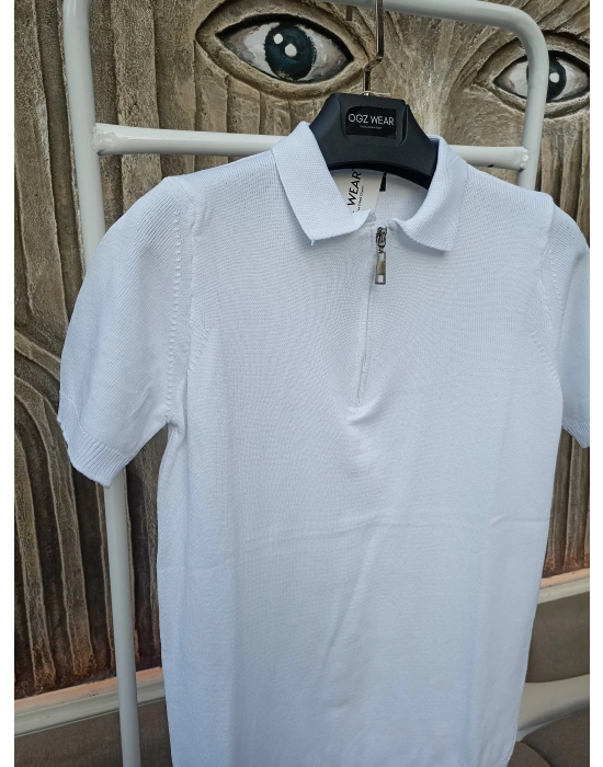 Beyaz Premium Pamuklu Femuarlı Polo Yaka Örme Triko Tişört