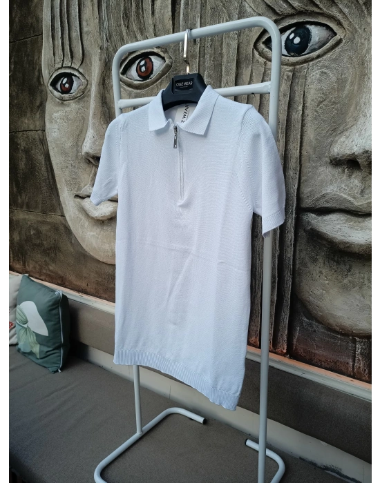 Beyaz Premium Pamuklu Femuarlı Polo Yaka Örme Triko Tişört